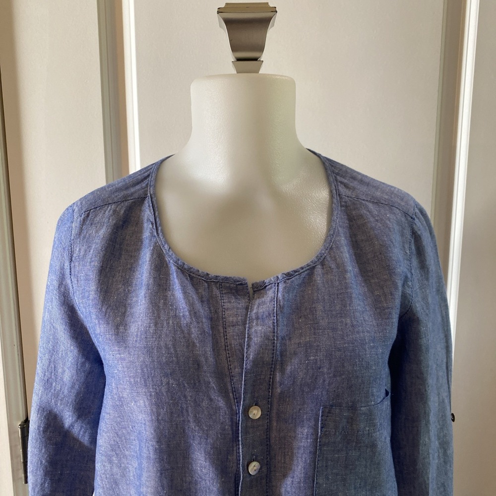 Max Studio Blue Long Sleeve Henley Linen Blend Popover Size Small Rolled Sleeve - Picture 4 of 11